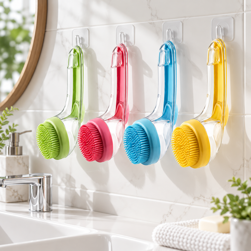 CoatKind bath brushes in green rose light blue and yellow